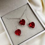 Conjunto em Prata 925 Coração Médio Vermelho