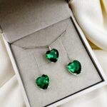 Conjunto em Prata 925 Coração Médio Verde Esmeralda