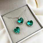 Conjunto em Prata 925 Coração Médio Verde Água