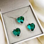Conjunto em Prata 925 Coração Grande Verde Água